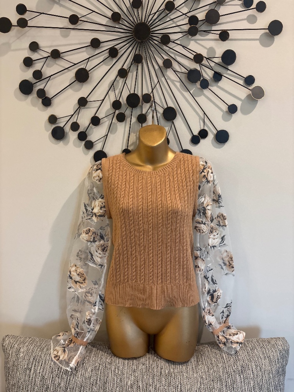 Anthropologie Maeve Cable Sweater W/ Floral Organza Sleeves Sz Small